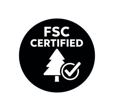 Flat vector badge FSC CERTIFIED simple white tree with checkmark