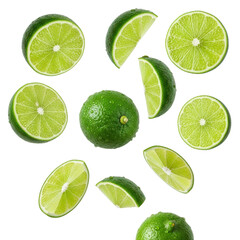 Scattered fresh limes whole and sliced with water drops