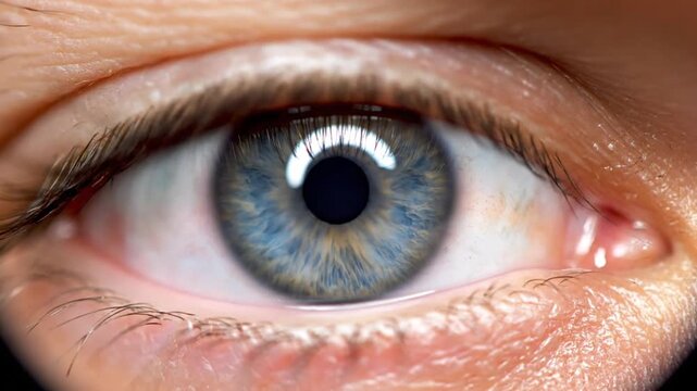 A sustained, extreme close-up shot of a human eye with a striking blue iris staring intently into the camera over an 8-second period. Details of the iris, skin texture, and pupil reflection are highl