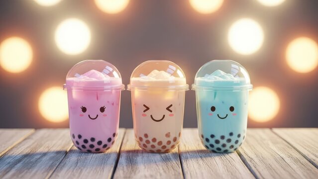 Pastel bubble tea cups with kawaii face stickers on wooden table, warm bokeh lights background for cafe menu or social media banner