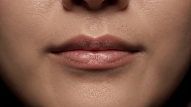 A tight, close-up shot focuses on a woman's lips over eight seconds, capturing subtle movements like slight parting and closing, highlighting natural skin texture and lip gloss against a dark backgro