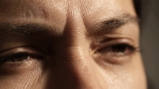 Under dramatic golden hour lighting, a close-up tracks a person's eyes slowly opening, revealing deep concentration and tension. The brow furrows intensely as they struggle to adjust to the light or 