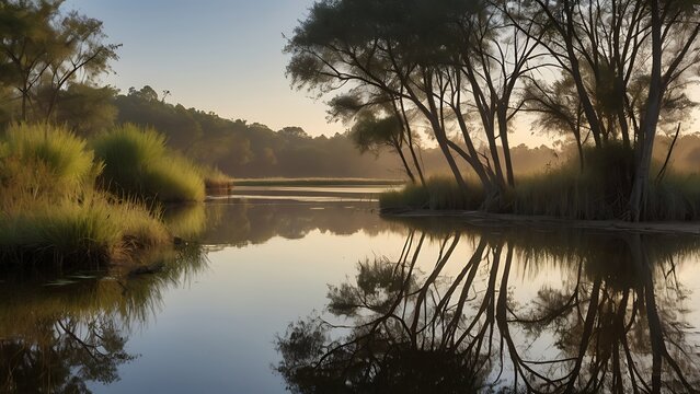 Serene cinematic photograph of a tranquil wetland landscape in soft morning light