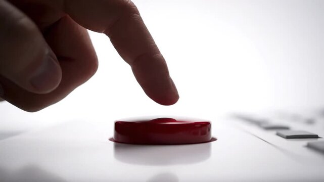 A close-up, dramatic shot captures a finger repeatedly pressing and releasing a large, glossy red emergency or action button on a white control panel, highlighted by strong backlighting over eight se