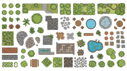 Fotobehang Pistachekleur Collection of various garden landscape elements and garden design components displayed from a top-down viewpoint  © Human Diversity