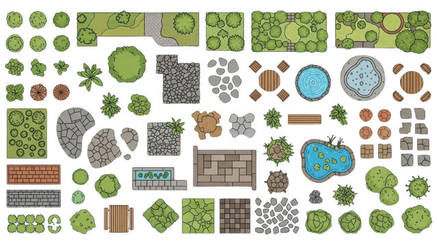 Collection of various garden landscape elements and garden design components displayed from a top-down viewpoint