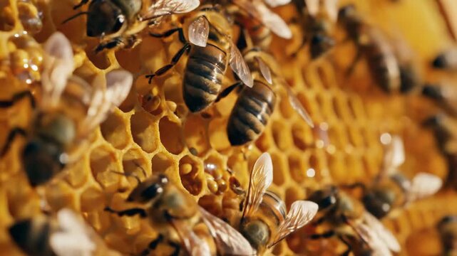 Close-up of bees working on a honeycomb, collecting nectar and producing honey