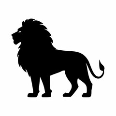 Silhouette depiction of a male lion standing proudly against a plain white backdrop conveying a sense of strength and animal representation