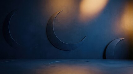 Obraz premium Minimalist 3D background with dark blue crescent moons and warm golden light spots on a textured wall. Modern and elegant design for Ramadan or Eid celebration.