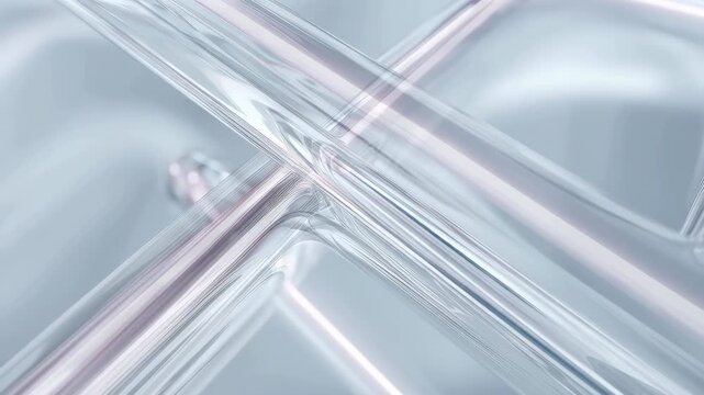 Abstract rotating glass tubes crossing with soft pink neon reflections on clean silver background