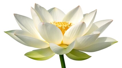 A beautiful white water lily blossom with delicate petals and a yellow center floats as an isolated aquatic flora, showcasing the natural beauty of a summer pond bloom
