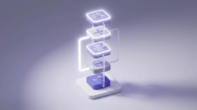 Futuristic icon stack neon light purple gradient 3d render artificial intelligence data network user interface minimal design technology concept glowing platform layered 3d icon purple neural network