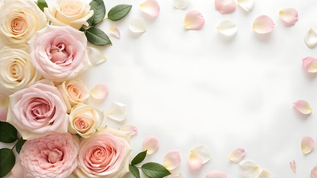 A romantic pink rose floral frame with soft petals and leaves forming a beautiful border for love and celebration