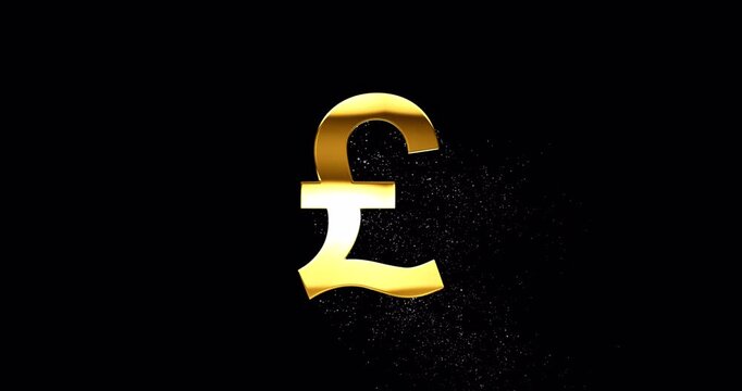 Gold pound sterling symbol with glare and glittering falling particles, specular highlight reflection and golden dust is drifting down from British Pound sterling, GPB currency sign, footage