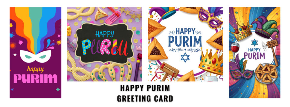 A Collage of Four Vibrant Happy Purim Celebration Graphics Featuring Masks, Hamantaschen, Crowns, and Festive Colors