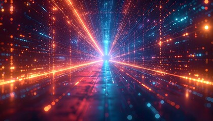 Obraz premium Abstract glowing digital tunnel representing data flow and technology cyberspace with vibrant blue and red light beams, a futuristic network conduit