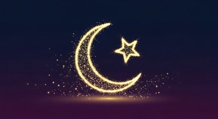 Elegant Glowing Golden Crescent Moon and Star Symbol with Glitter on Dark Background