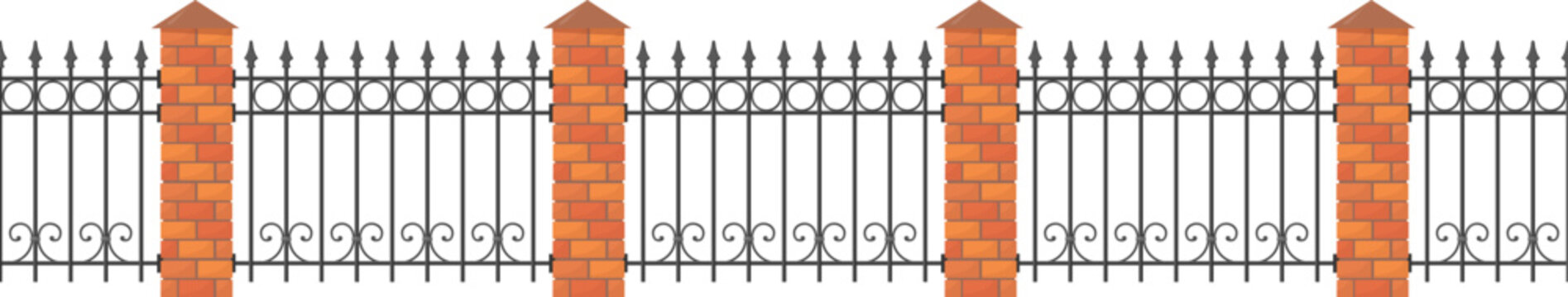 Garden fence in ornate iron wrought forged railing