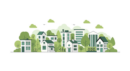 Flat design cityscape with green trees and modern buildings, ecological urban landscape © solikhin