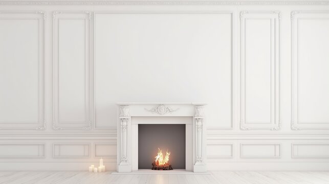 Bright White Classical Living Room Interior Featuring Ornate Fireplace and Subtle Fireplace Glow