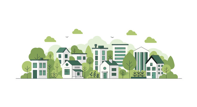 Flat design cityscape with green trees and modern buildings, ecological urban landscape