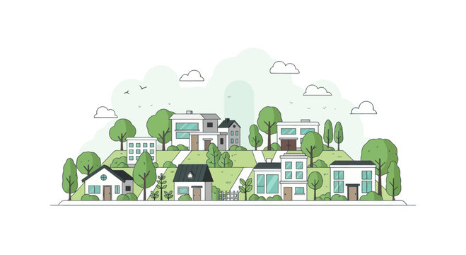 Modern eco-friendly village with minimalist houses and lush green trees, flat illustration.