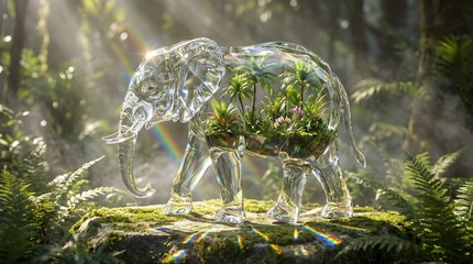 Fototapeta premium Crystal elephant with lush greenery inside in misty forest