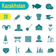 Icons about Kazakh traditions, culture, and symbols. A set of solid icons about Kazakhstan.