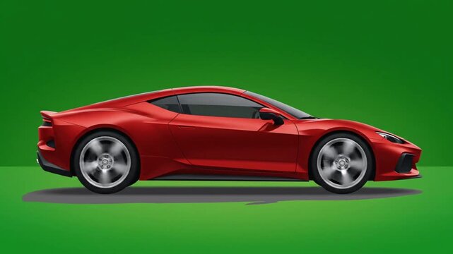 A cartoon-style red car is showcased in a sleek profile view, emphasizing its sporty design and shiny surface.