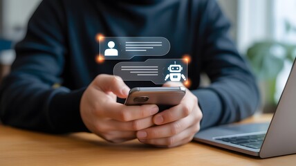 Person using smartphone with AI chat bot interface displaying conversation with human and robot icons