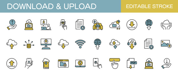 ダウンロードとアップロードに関するラインアイコンセット（線幅変更可能・カラー） © Rico