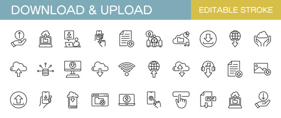 ダウンロードとアップロードに関するラインアイコンセット（線幅変更可能） © Rico