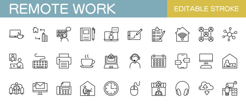 リモートワークや在宅勤務に関するアイコンセット（線幅変更可能）