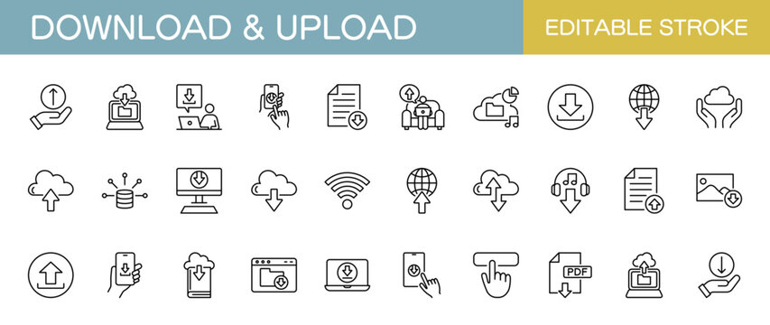 ダウンロードとアップロードに関するラインアイコンセット（線幅変更可能）