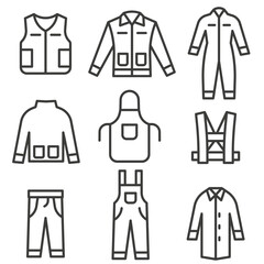 A set of icons of work clothes and special uniforms with a thin line.