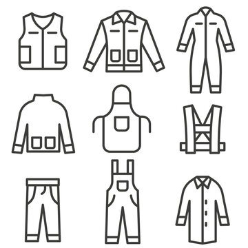 A set of icons of work clothes and special uniforms with a thin line.