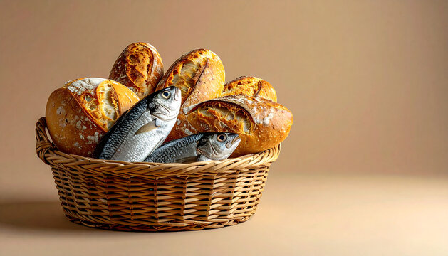 Biblical Miracle Concept of Five Loaves of Bread and Two Fish on Clean Background