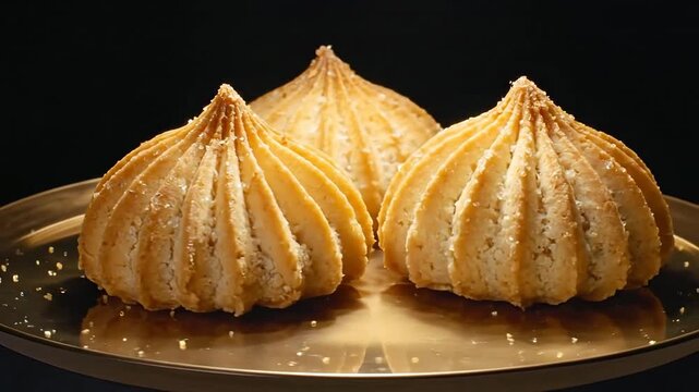 Three delicious modak sweets are arranged on a golden plate, ready to be served and enjoyed by everyone.
