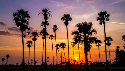 Obraz premium Silhouette of palm trees against a vibrant sunset sky.