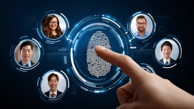 Biometric Authentication: A close-up view of a hand touching a digital fingerprint sensor, surrounded by headshots of diverse individuals, highlighting security and identification
