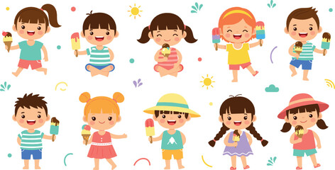 Cute kids enjoying ice cream character set with happy summer vibes, playful children cartoon flat vector illustration for seasonal, food and kids design