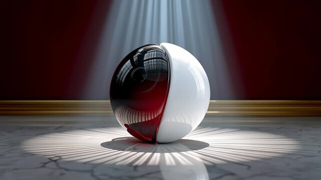 Dualism in Spotlight: A spherical object, bisected with contrasting shades, rests under a spotlight, creating a symbolic representation of duality.