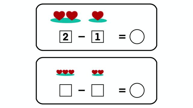 Early subtraction learning motion using heart icons to teach basic math, Visual counting activity designed for preschool, kindergarten students to understand minus operations, number reduction