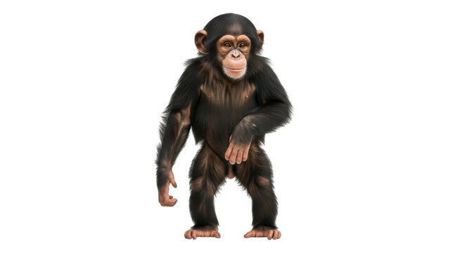Baby chimpanzee standing isolated PNG, adorable primate with dark fur on transparent background, cute ape for wildlife and animal themes