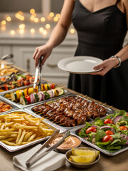 Obraz premium Elegant Catering Buffet with Grilled Meat, Fries and Fresh Salad Served by Fictional Woman, AI-Generated Food Illustration