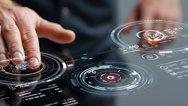 Future Interface Interaction: A person's hand interacts with an advanced, futuristic interface, highlighting the cutting-edge of technological progress.