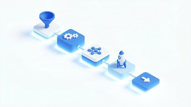 3d illustration workflow funnel gear rocket process automation startup technology blue gradient minimal business process pipeline sequence diagram blue white 3d render data analysis innovation