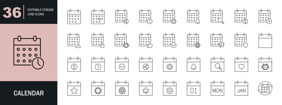 Calendar icon set. Editable line icons. Vector illustration.