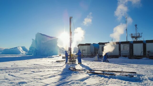Antarctic Research Team Drilling Ice Core Sample for Climate Data Analysis in Remote Polar Environment.