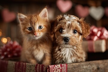 A kitten and a puppy in a gift box for Valentine's Day surrounded by festive decorations. A card for Valentine's Day or for animal shelters
